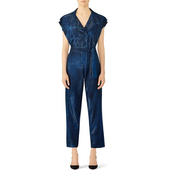 CAROLINA RITZLER Cap Sleeve Belted Metallic Jumpsuit Retro Blue Size 36 US 2 - Picture 1 of 11